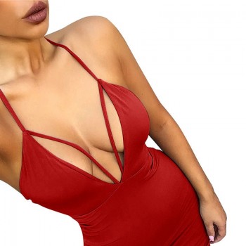 Spaghetti Strap Dress Sexy Women Dress Sleeveless Lace-up Backless Dresses Sexy Deep V-neck Bodycon Dress Black Red